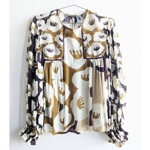 Unique Neutral Brown Tan Beige Print Velvet Blouse Anthropologie Blank London